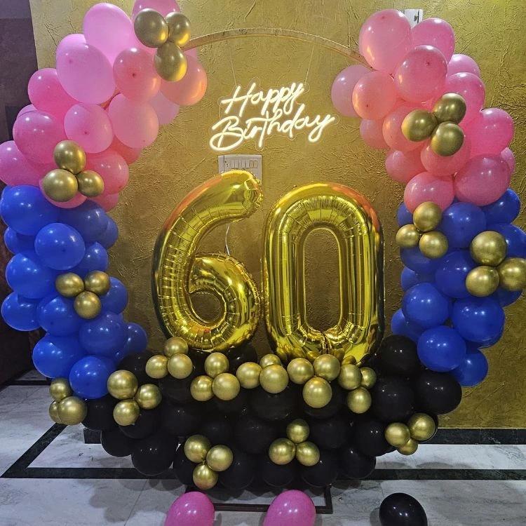 Happy birthday wall backdrop with balloons and streamers
